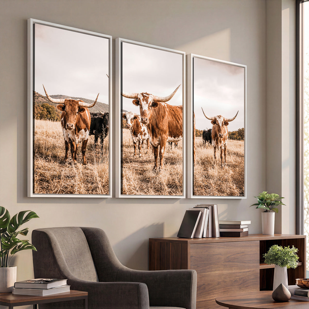 27539727-MGV-CV-36X24 - Texas Longhorn Cattle Wall Art Canvas Print, Sepia Western Decor