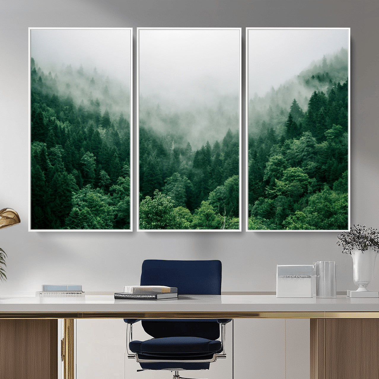 61640815-MGV-CV-36X24 - Misty Pine Forest Wall Art Canvas Print, Foggy Evergreen Landscape Wall Decor, Moody Green Nature Artwork, Minimal Forest Canvas Wall Art, Framed Canvas Wall Art Ready to Hang