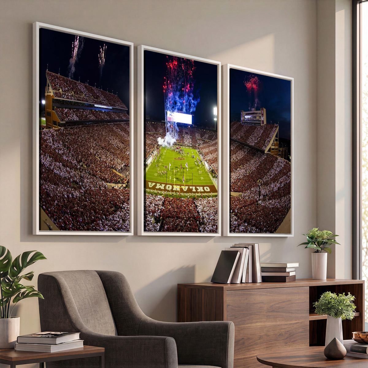 43197777-MGV-CV-36X24 - Oklahoma Memorial Stadium Wall Art Canvas Print – Oklahoma Sooners Football Artwork for Home, Office, and Sports Room Decor