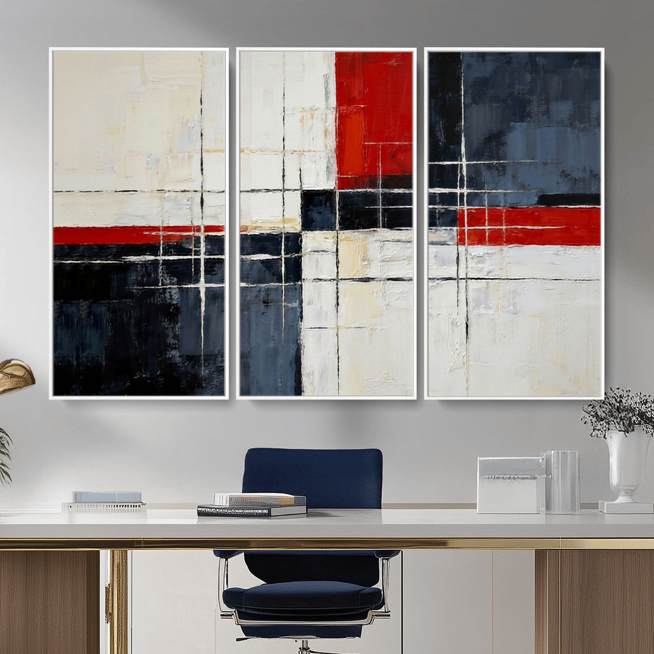 44088165-MGV-CV-36X24 - Navy Red Abstract Wall Art Canvas Print, Modern Luxury Geometric Painting Wall Decor for Living Room and Office