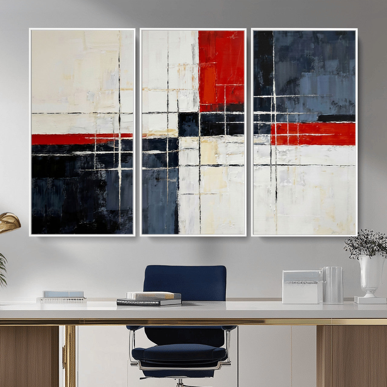 11921181-MGV-CV-36X24 - Navy Red Abstract Wall Art Canvas Print, Modern Luxury Geometric Painting Wall Decor for Living Room and Office