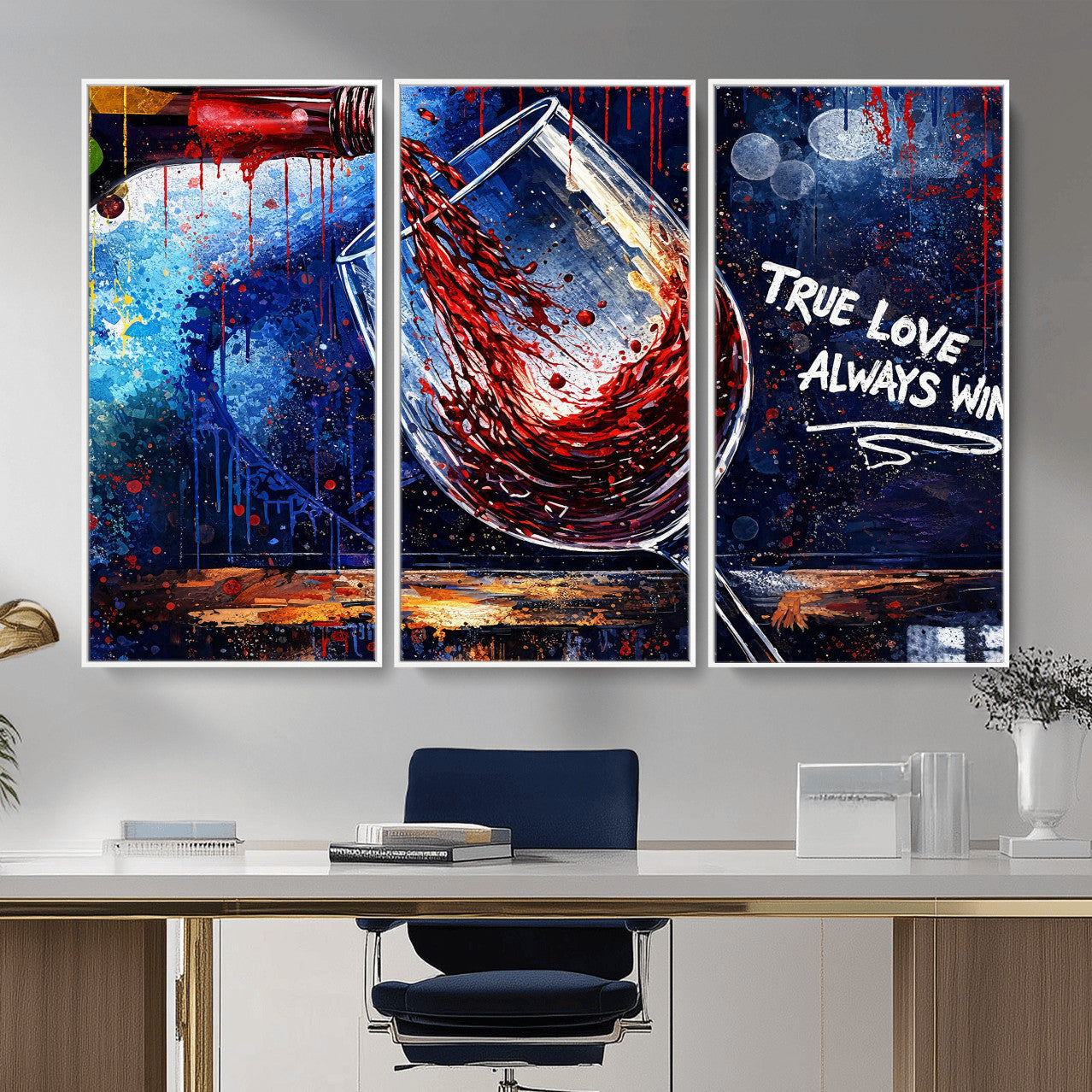 88788932-MGV-CV-36X24 - Red Wine Splash Abstract Wall Art Canvas Print, Modern Wine Glass Painting Canvas Print, Romantic Quote Contemporary Bar Art Print