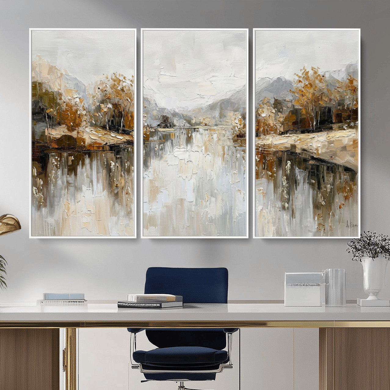 78227690-MGV-CV-36X24 - Neutral Abstract Lake Landscape Wall Art Canvas Print, Modern Minimal River Reflection Canvas Print, Beige Gray Contemporary Nature Art Printing