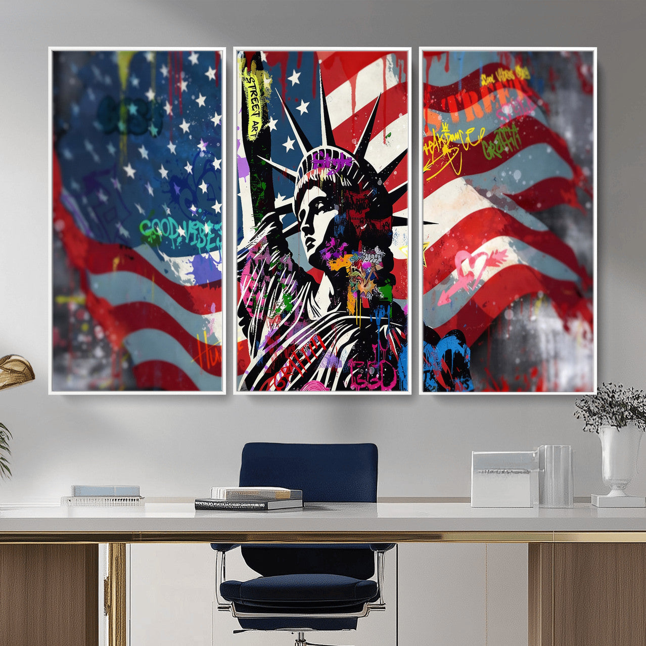 32151941-MGV-CV-36X24 - USA Statue of Liberty Graffiti Street Art Wall Art Canvas Print, American Flag Urban Pop Art Canvas Print, Modern Patriotic Street Art Contemporary Art Printing