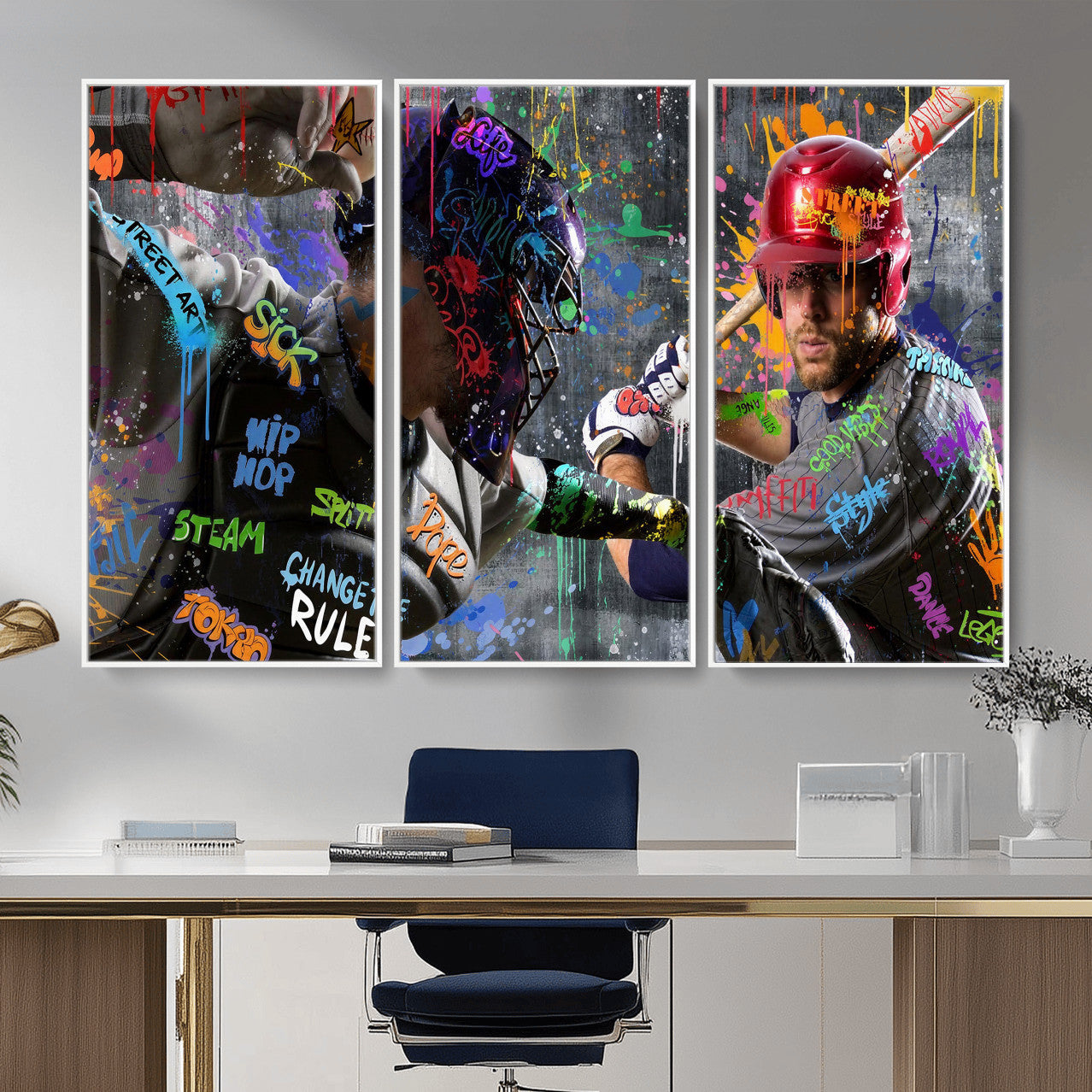 19634994-MGV-CV-36X24 - Graffiti Baseball Player Street Art Wall Art Canvas Print, Urban Sports Pop Art Baseball Canvas Print, Modern Athletic Graffiti Contemporary Art Printing