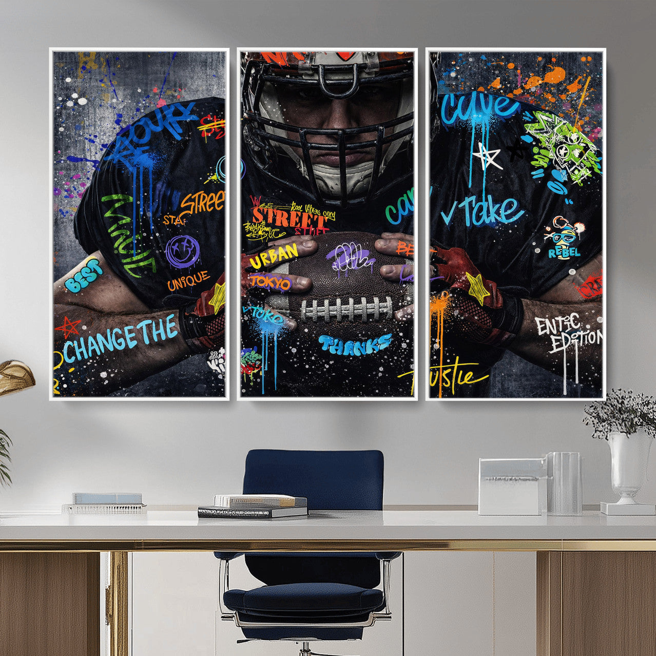 55267256-MGV-CV-36X24 - Graffiti American Football Player Street Art Wall Art Canvas Print, Urban Sports Pop Art Football Canvas Print, Modern Athletic Graffiti Contemporary Art Printing