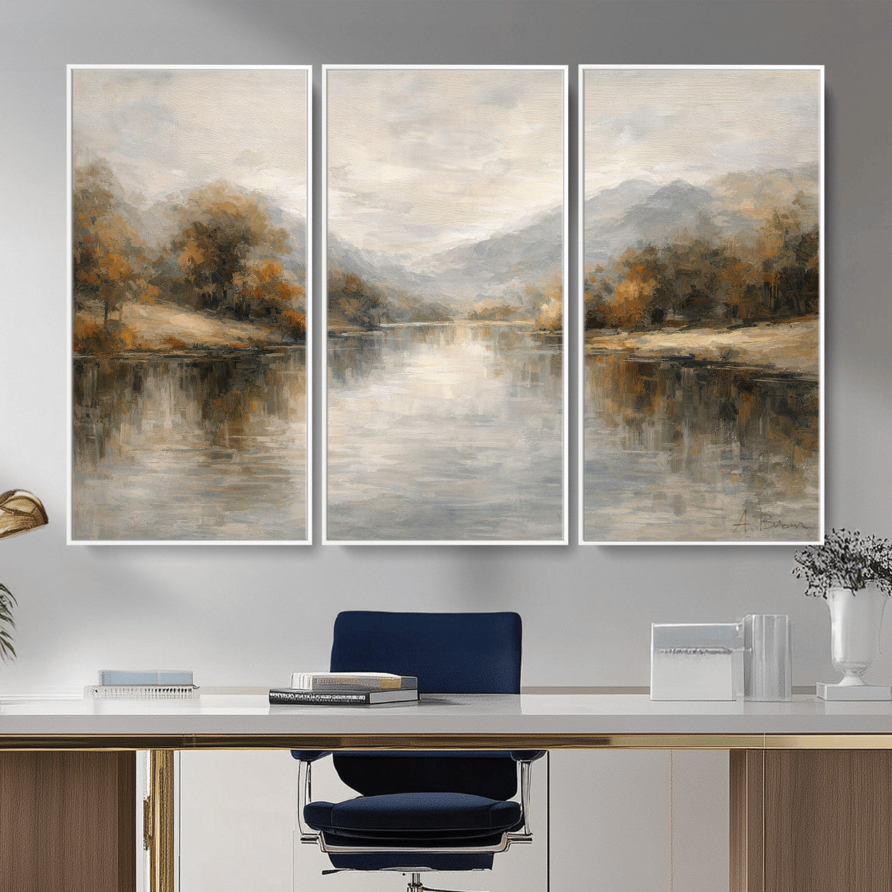 29251761-MGV-CV-36X24 - Neutral Abstract River Landscape Wall Art Canvas Print, Modern Minimal Nature Reflection Canvas Print, Beige Gray Contemporary Mountain Art Printing