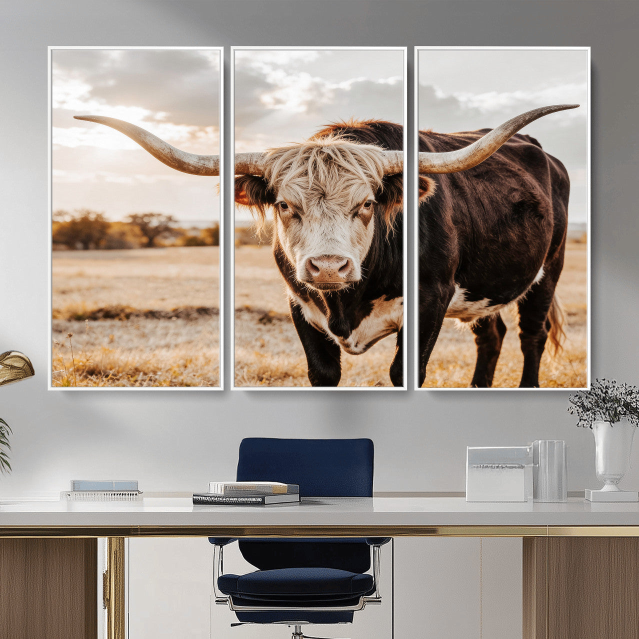 88230279-MGV-CV-36X24 - Texas Longhorn Bull Rustic Wall Art Canvas Print, Western Cattle Photography Canvas Print, Ranch Farm Animal Western Art Printing