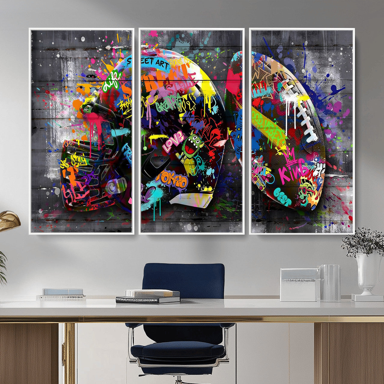80540773-MGV-CV-36X24 - Graffiti American Football Helmet Street Art Wall Art Canvas Print, Urban Sports Pop Art Football Canvas Print, Colorful Graffiti Sports Contemporary Art Printing