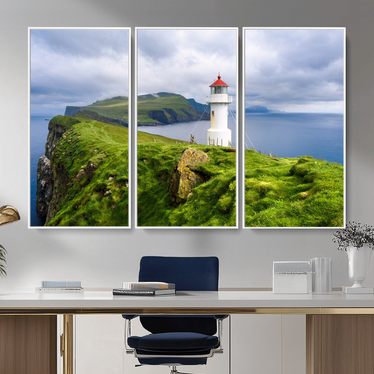 10680390-MGV-CV-36X24 - Coastal Lighthouse Wall Art Canvas Print, Cliffside Ocean Landscape Canvas Print, Scandinavian Coastal Decor for Living Room