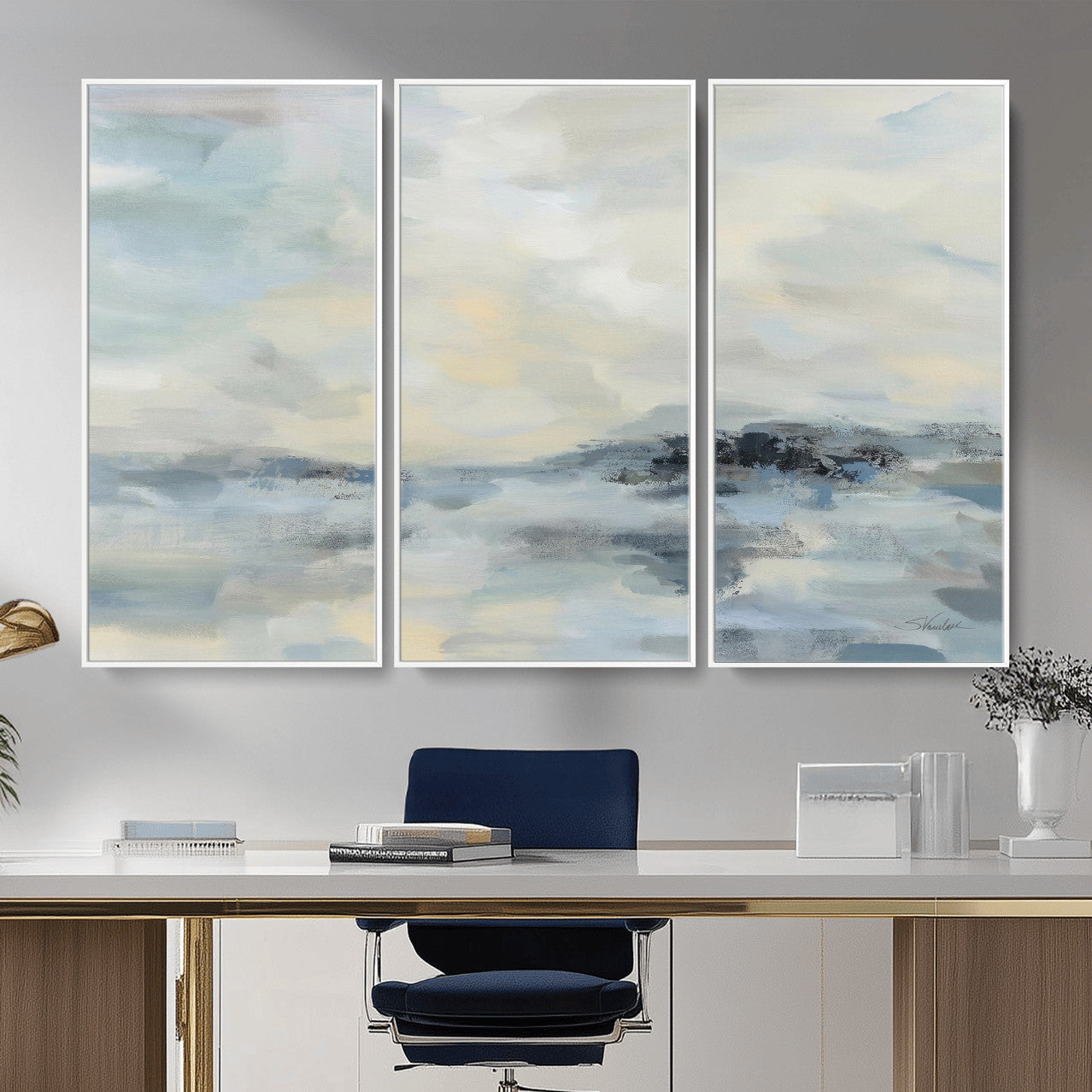 24647355-MGV-CV-36X24 - Abstract Coastal Landscape Wall Art Canvas Print – Soft Blue Gray Minimalist Painting
