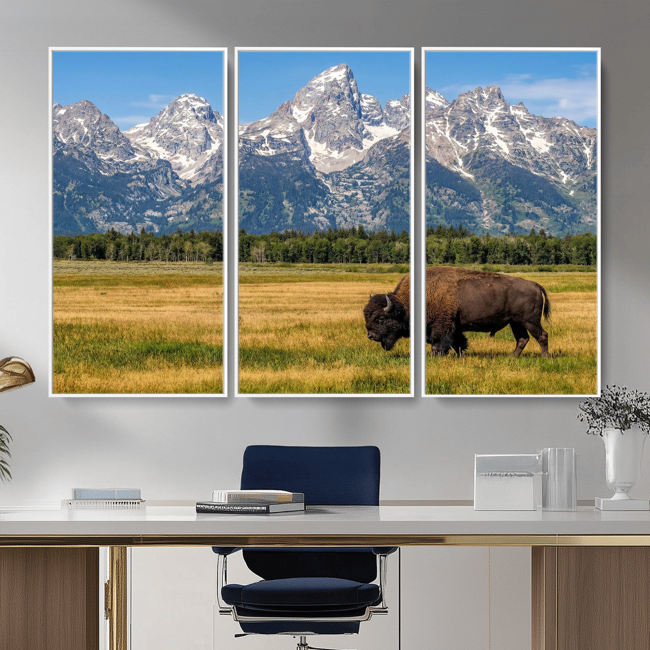 20424529-MGV-CV-36X24 - Bison in Mountain Landscape Wall Art Canvas Print – Western Wildlife Artwork for Rustic Living Room Decor