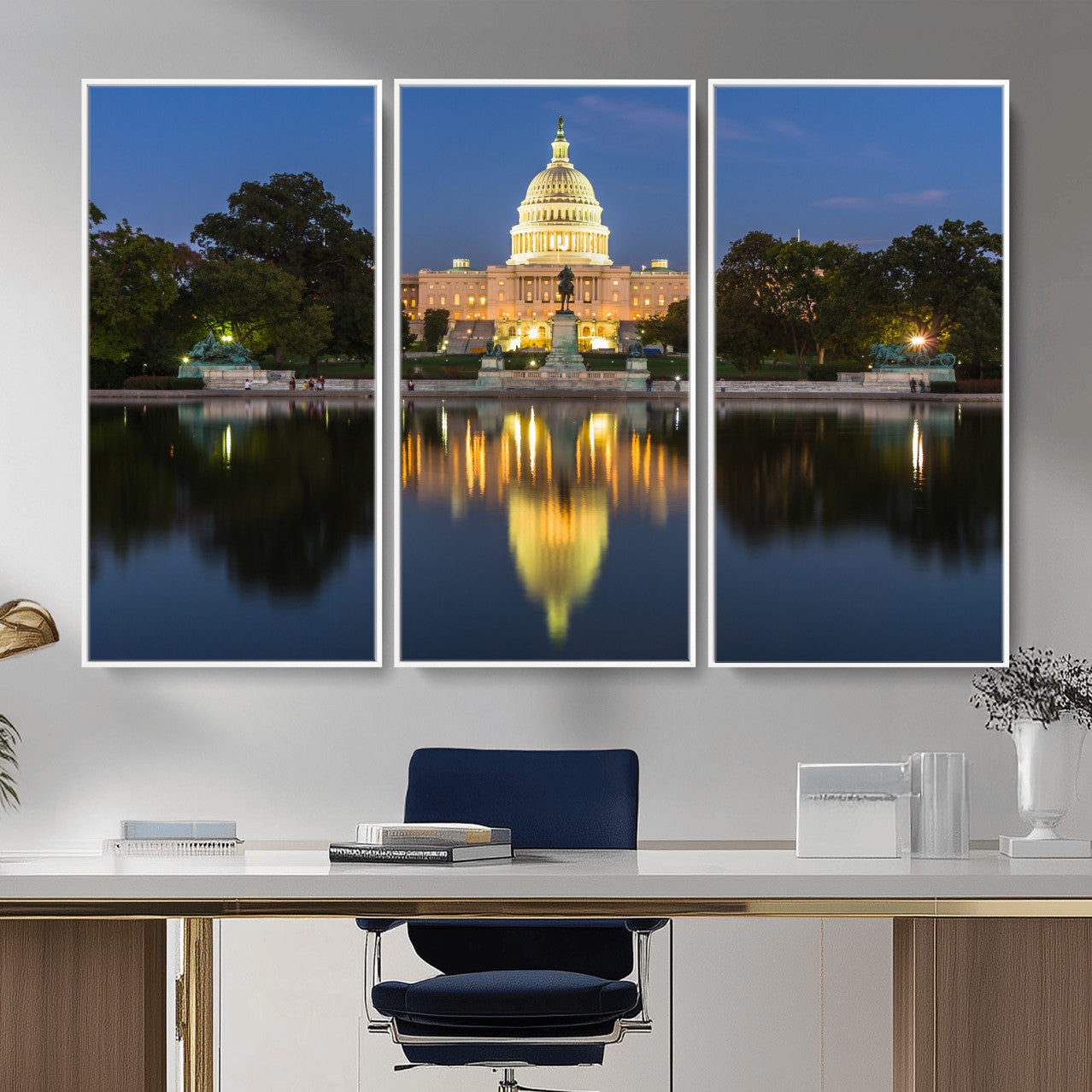 95568590-MGV-CV-36X24 - US Capitol Building Wall Art Canvas Print – Washington DC Landmark Night Reflection Artwork for Office Decor