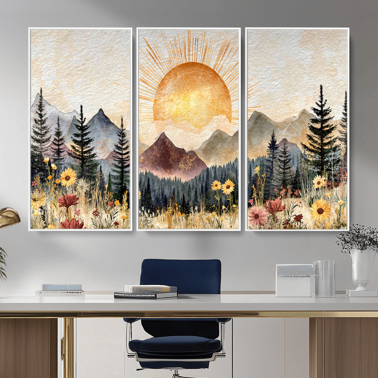 69025244-MGV-CV-36X24 - Boho Mountain Landscape Large Wall Art, Horizontal Gold Framed Canvas Print with Sun and Flowers