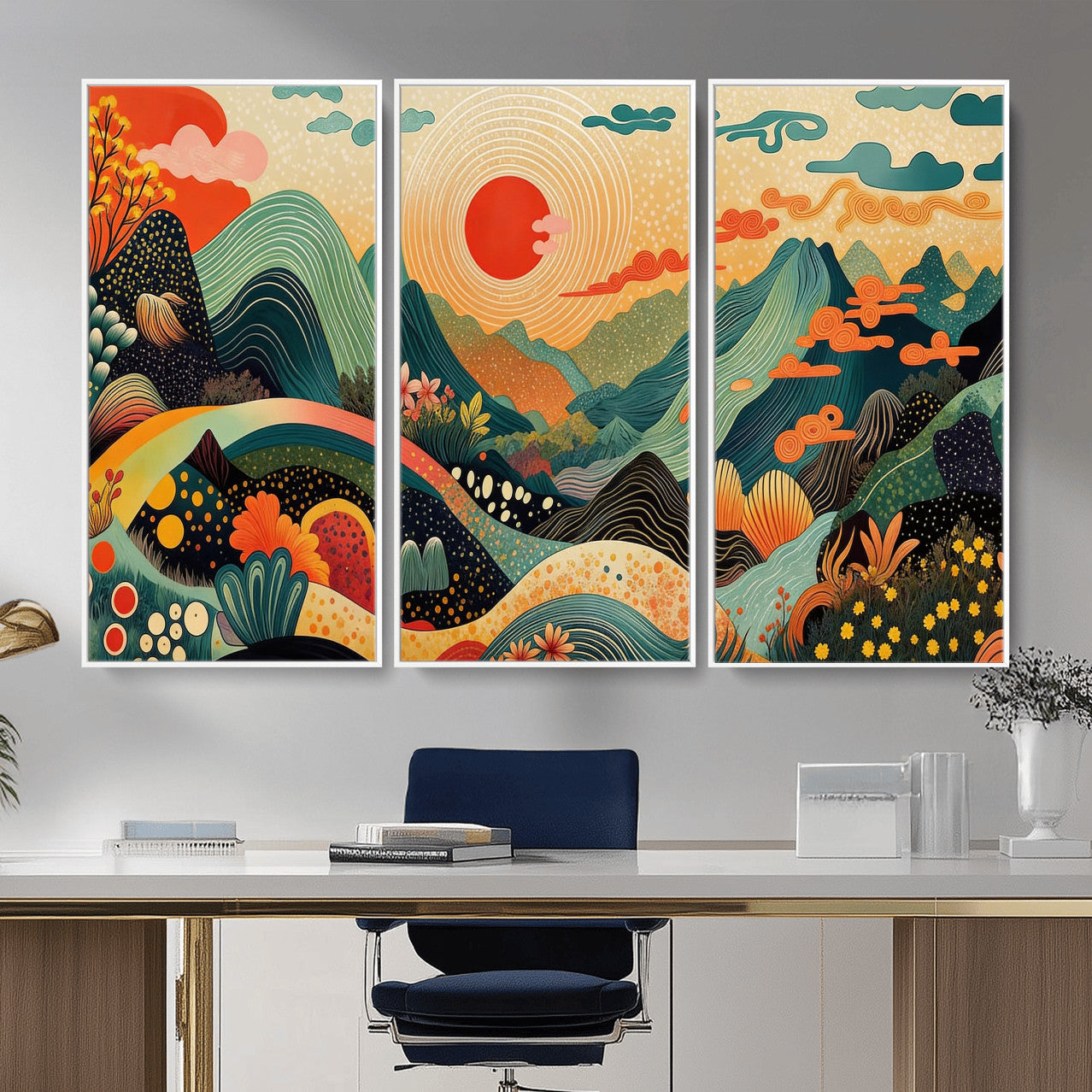 29927191-MGV-CV-36X24 - Yayoi Kusama Boho Mountain Landscape Large Wall Art, Horizontal Gold Framed Canvas Print with Sun and Flowers