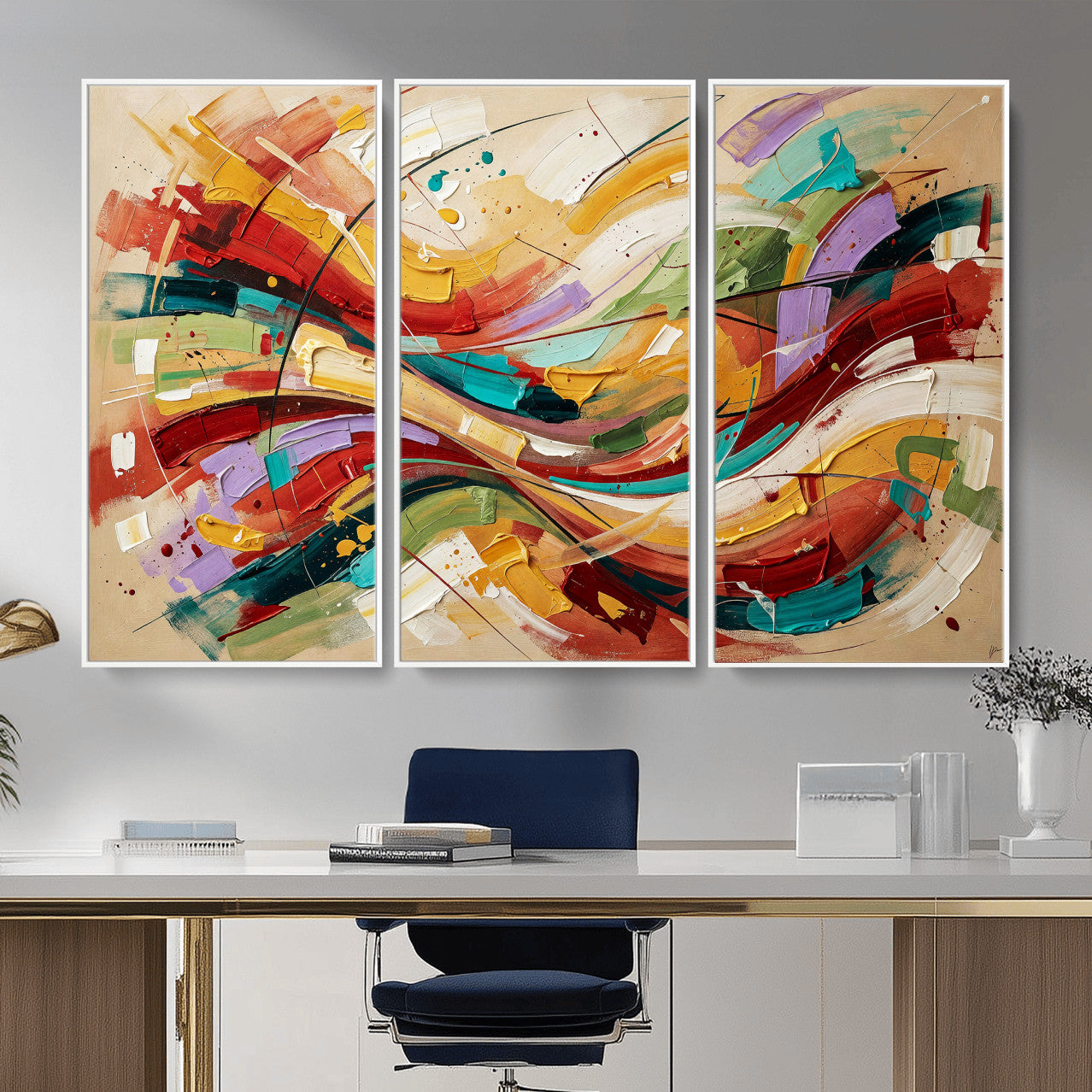 39887645-MGV-CV-36X24 - Geometric Abstract Wall Art Canvas Print, Orange Blue Abstract Expressionist Painting Print, Modern Geometric Abstract Canvas Art