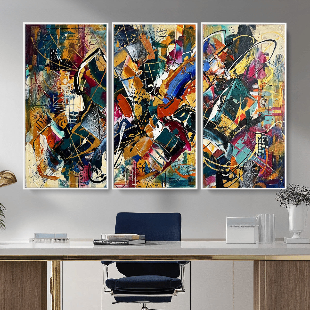 15525527-MGV-CV-36X24 - Geometric Abstract Wall Art Canvas Print, Orange Blue Abstract Expressionist Painting Print, Modern Geometric Abstract Canvas Art