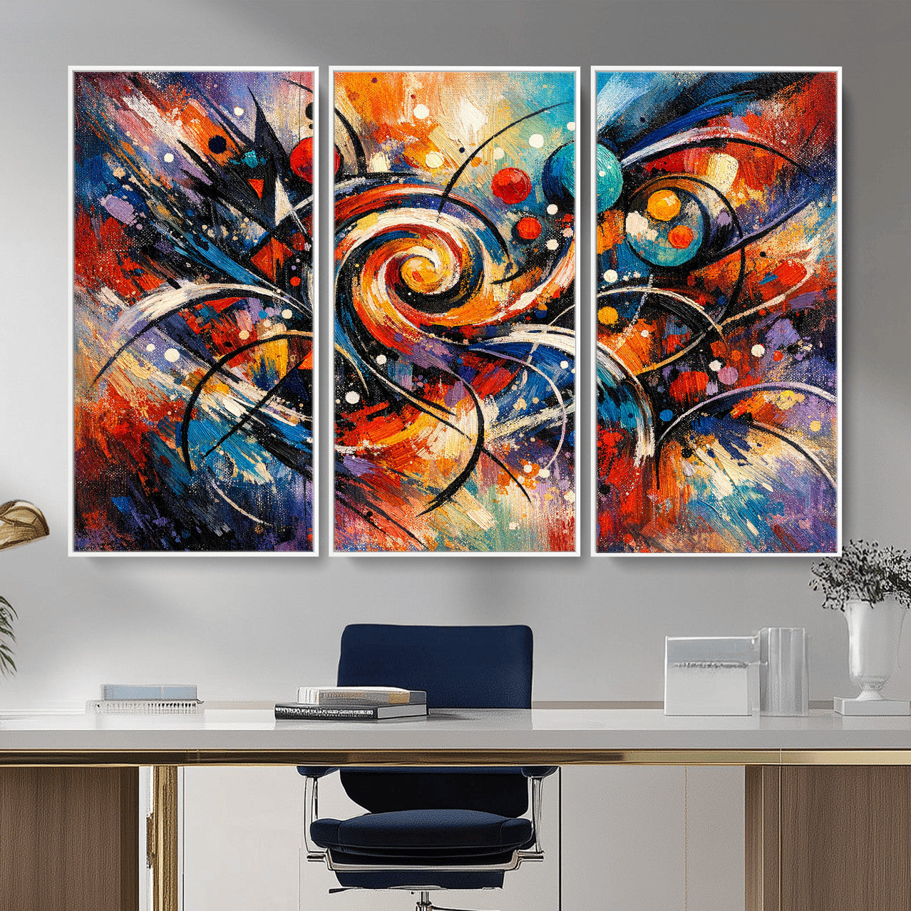 60193267-MGV-CV-36X24 - Geometric Abstract Wall Art Canvas Print, Orange Blue Abstract Expressionist Painting Print, Modern Geometric Abstract Canvas Art