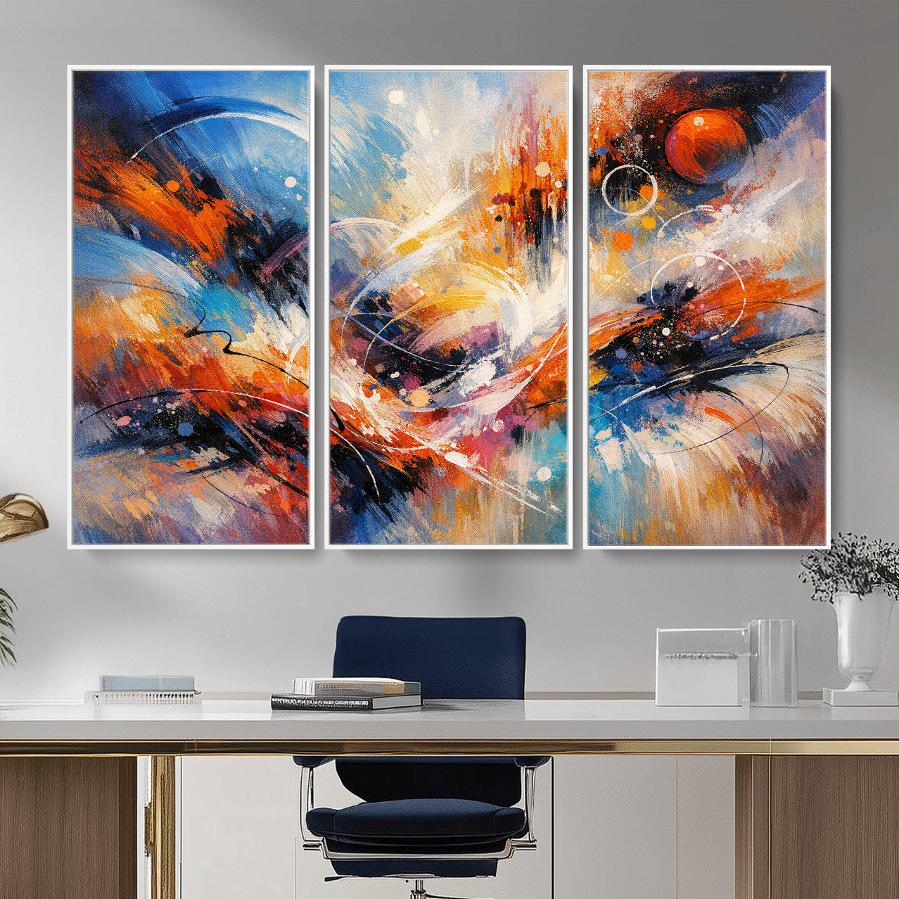47770355-MGV-CV-36X24 - Geometric Abstract Wall Art Canvas Print, Orange Blue Abstract Expressionist Painting Print, Modern Geometric Abstract Canvas Art