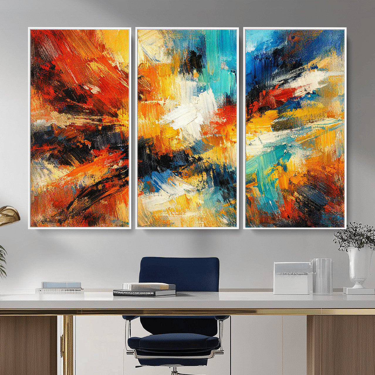 93167583-MGV-CV-36X24 - Geometric Abstract Wall Art Canvas Print, Orange Blue Abstract Expressionist Painting Print, Modern Geometric Abstract Canvas Art
