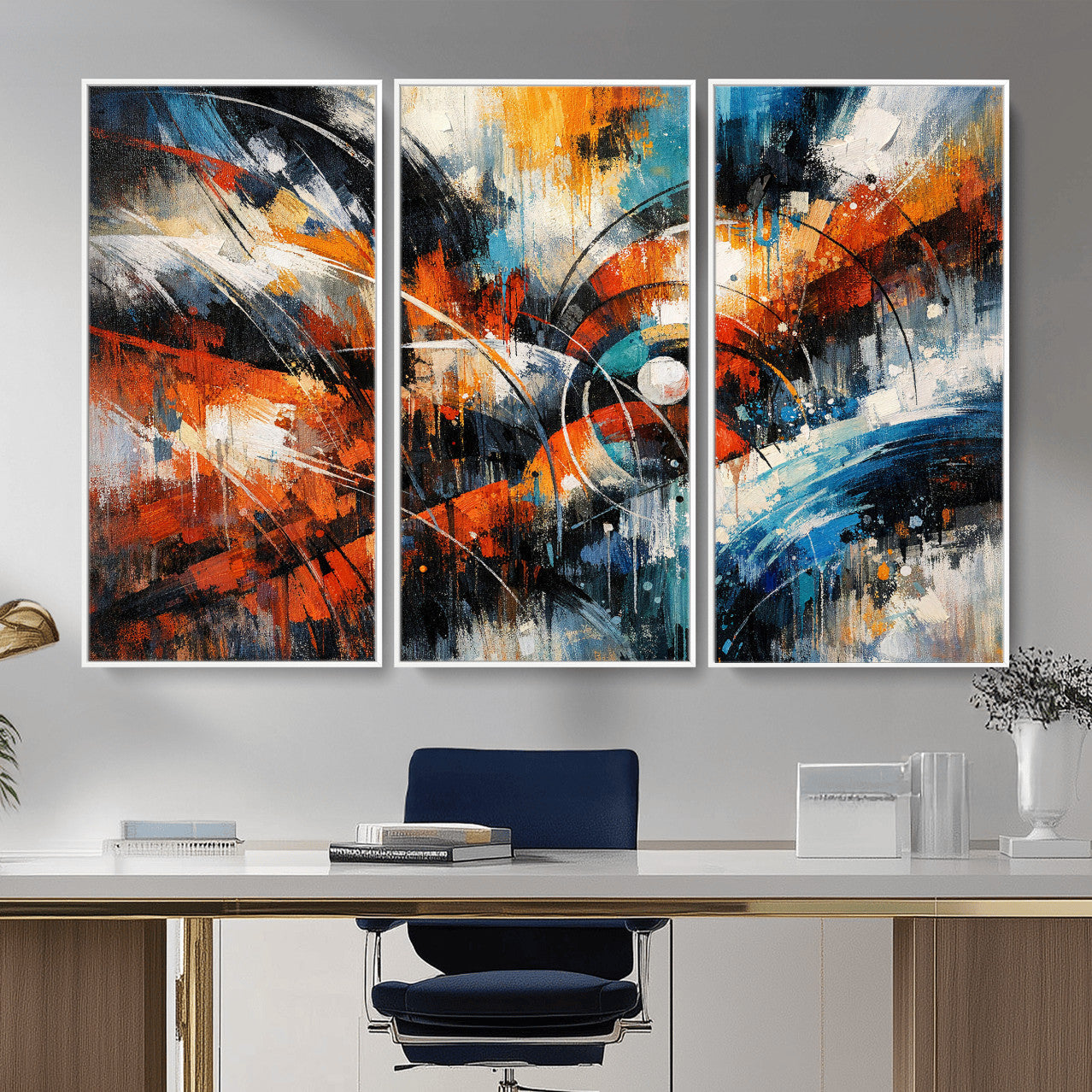 47120691-MGV-CV-36X24 - Geometric Abstract Wall Art Canvas Print, Orange Blue Abstract Expressionist Painting Print, Modern Geometric Abstract Canvas Art