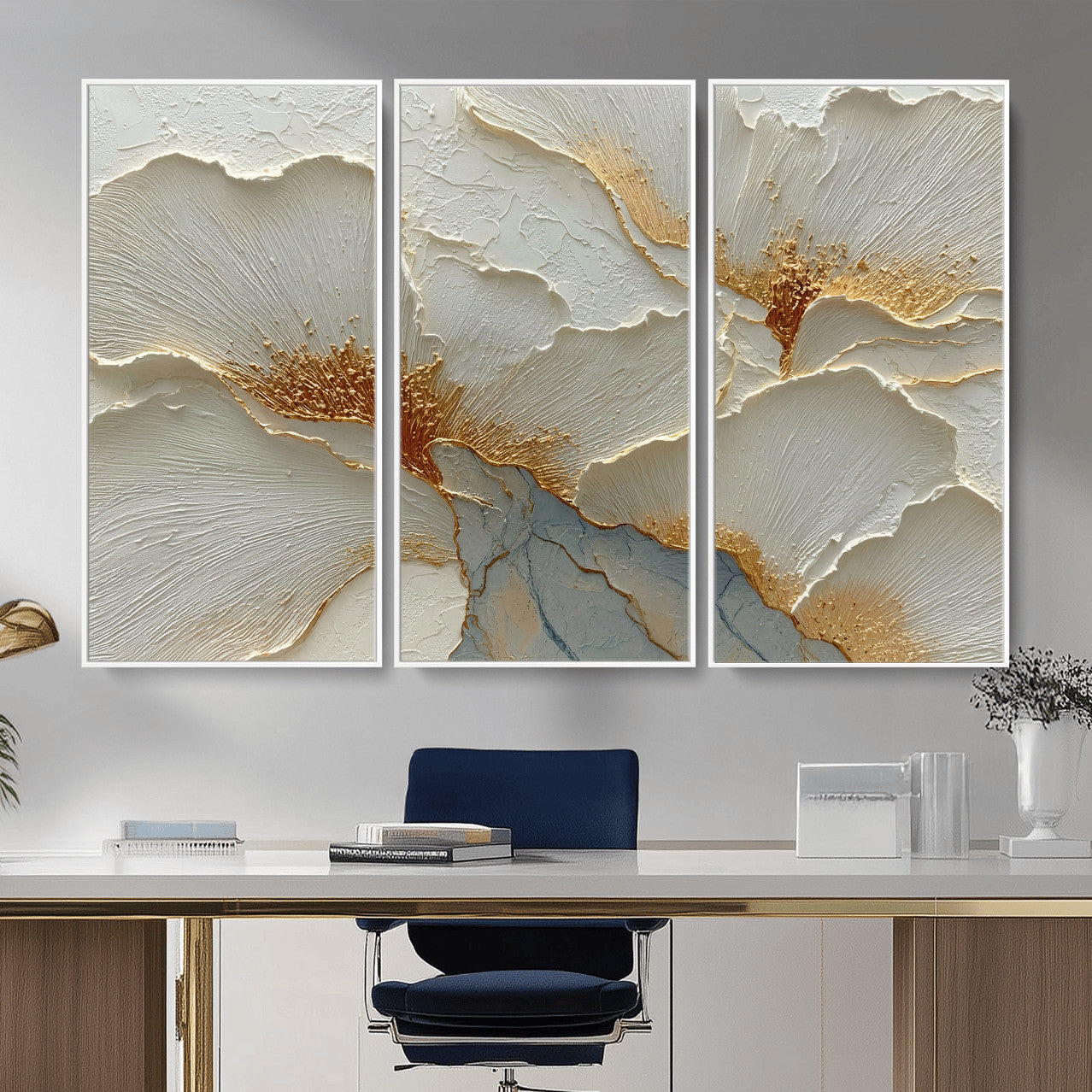 4712069F1-MGV-CV-36X24 - White Gold Floral Canvas Wall Art — Textured Flower Print | Luxury Botanical Decor | Elegant Bedroom Art | Gold Leaf Wall Art Gift