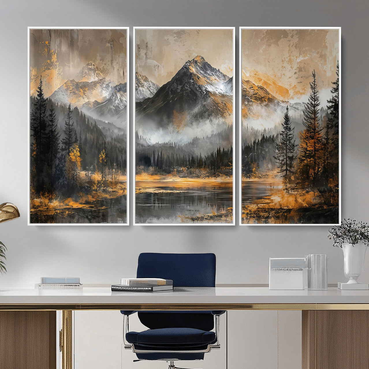 4712069D1-MGV-CV-36X24 - Mountain Lake Canvas Wall Art — Rustic Forest Landscape Print | Gold Grey Nature Decor | Cabin Wall Art | Large Wilderness Art Print Gift