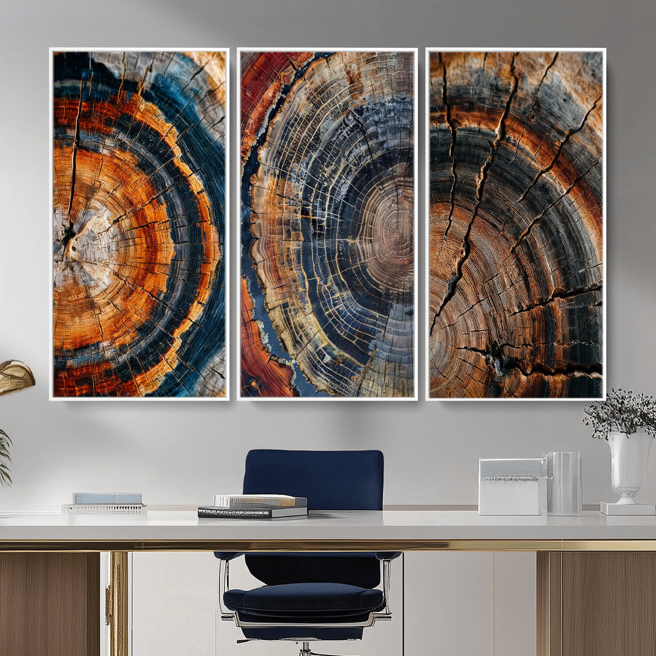 4712069W1-MGV-CV-48X32-3P - Tree Ring Triptych Canvas Wall Art — Set of 3 Wood Grain Print | Rustic Nature Decor | Earth Tone Wall Art | Unique Living Room Art Gift