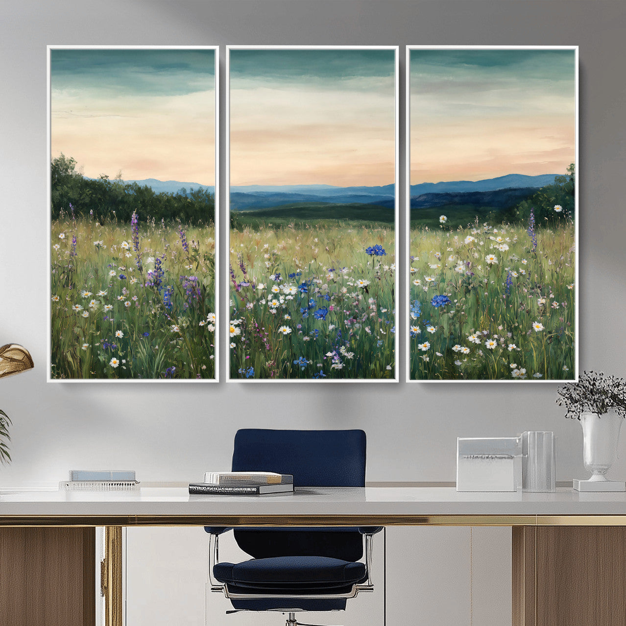 35773805-MGV-CV-36X24 - Wildflower Meadow Oil Painting Canvas Print - Daisy Lavender Mountain Sunset Print | Cottagecore Floral Wall Art - Bedroom Decor Gift for Her