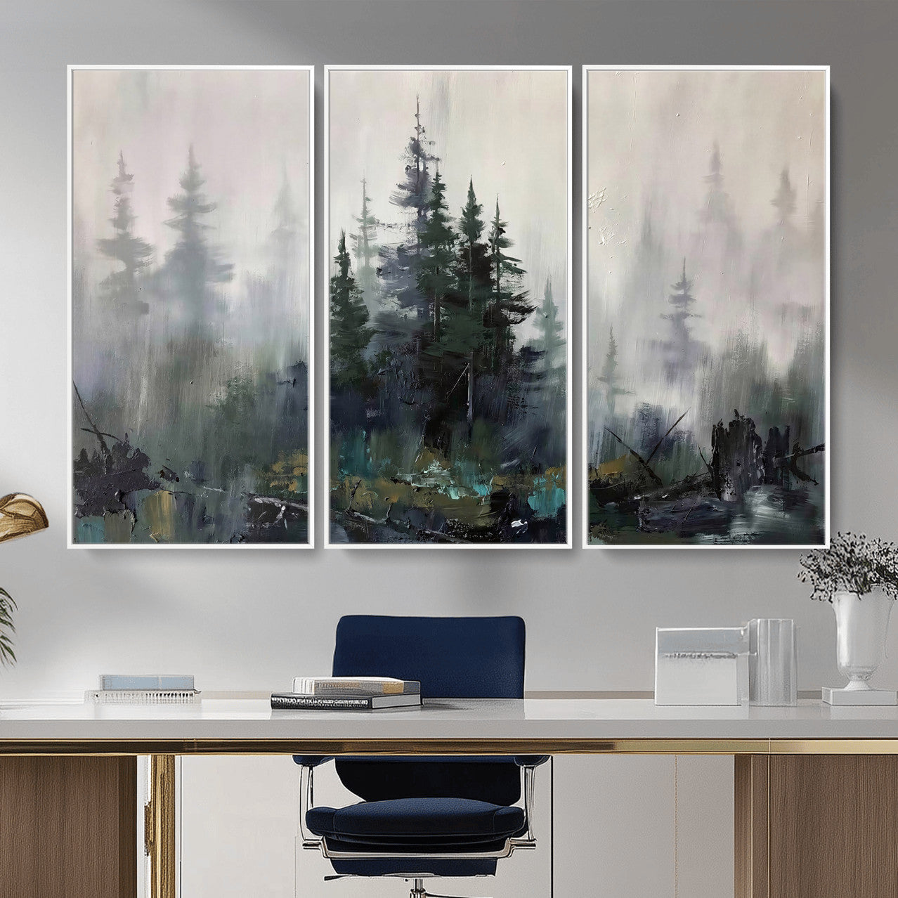 94143325-MGV-CV-36X24 - Misty Pine Forest Oil Painting Canvas — Dark Moody Teal Grey Tree Print | Japandi Scandinavian Wall Art | Minimalist Nature Decor Gift