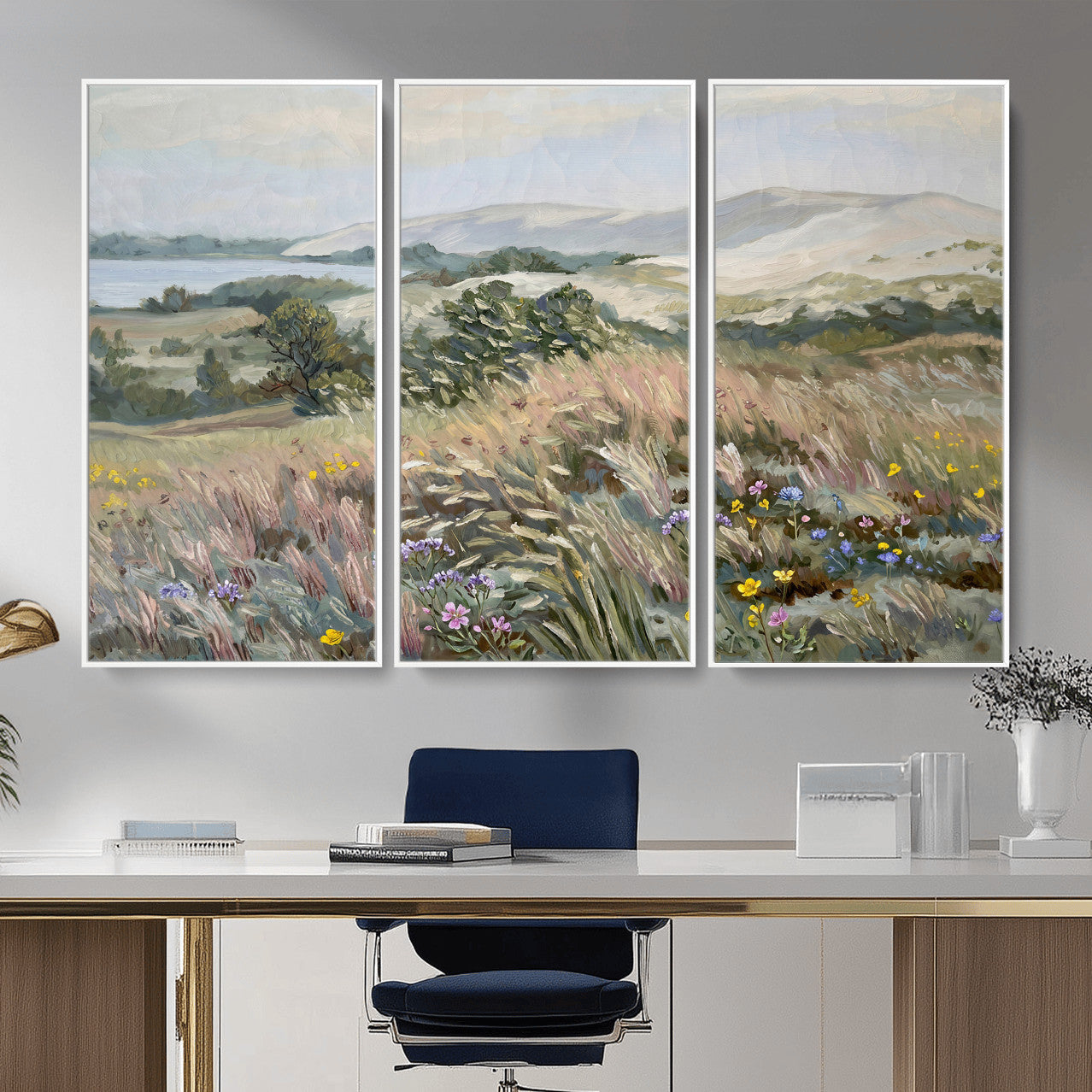 18013232-MGV-CV-36X24 - Katie Staples Hillside Canvas Wall Art — Coastal Wildflower Dune Oil Painting Print | Muted Green Nature Decor | Plein Air Landscape Gift