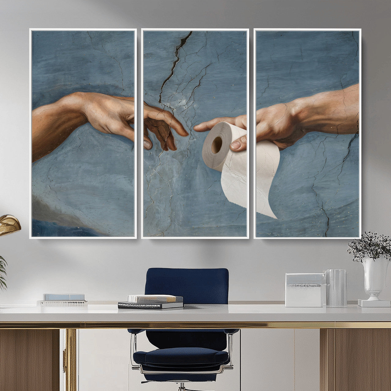42648143-MGV-CV-36X24 - Funny Bathroom Canvas Wall Art, Michelangelo Creation of Adam Toilet Paper Parody, Renaissance Humor Print, Quirky Housewarming Gift, Toilet Room Decor