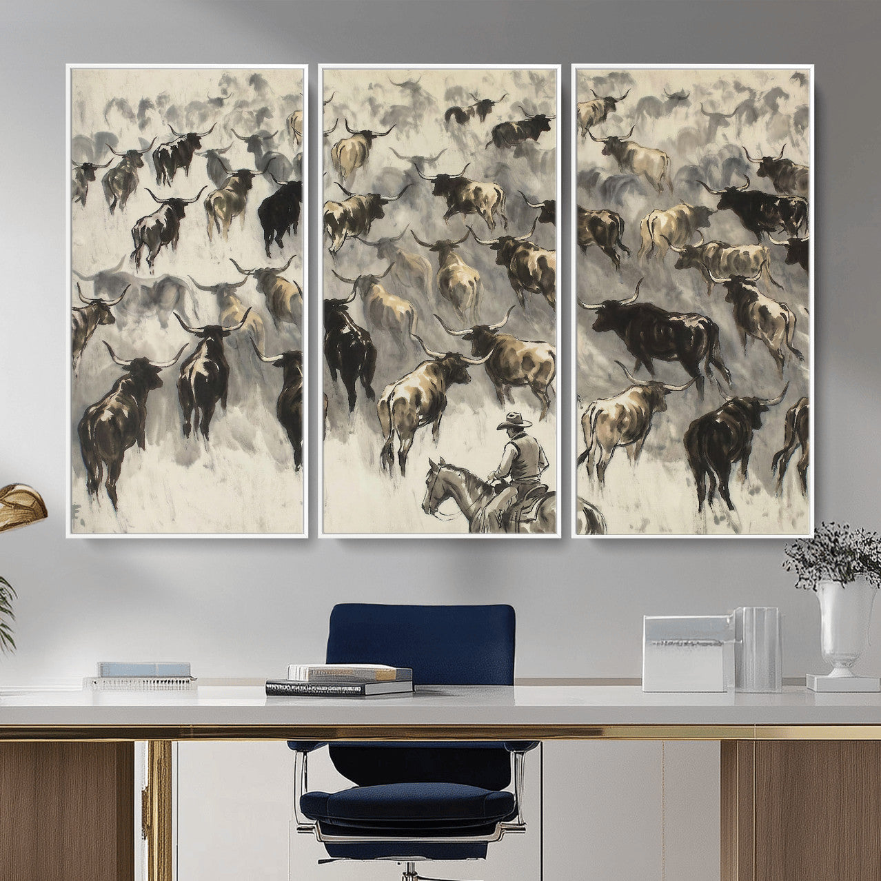 48049876-MGV-CV-36X24 - Cowboy Cattle Drive Canvas Wall Art, Western Longhorn Herd Ink Painting Print, Ranch Rodeo Decor, Black White Western Art, Large Living Room Art