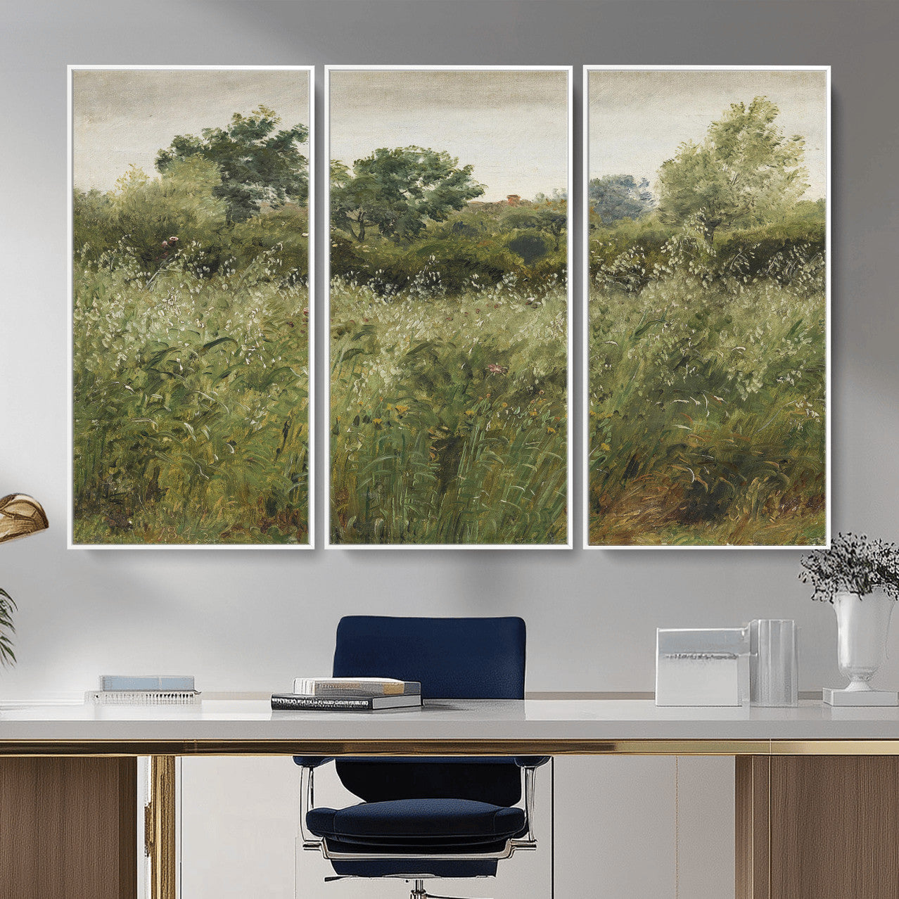 92328261-MGV-CV-36X24 - Wildflower Meadow Canvas Wall Art, Impressionist Overgrown Field Painting Print, Vintage Green Nature Decor, Cottagecore Botanical Art, Living Room Print