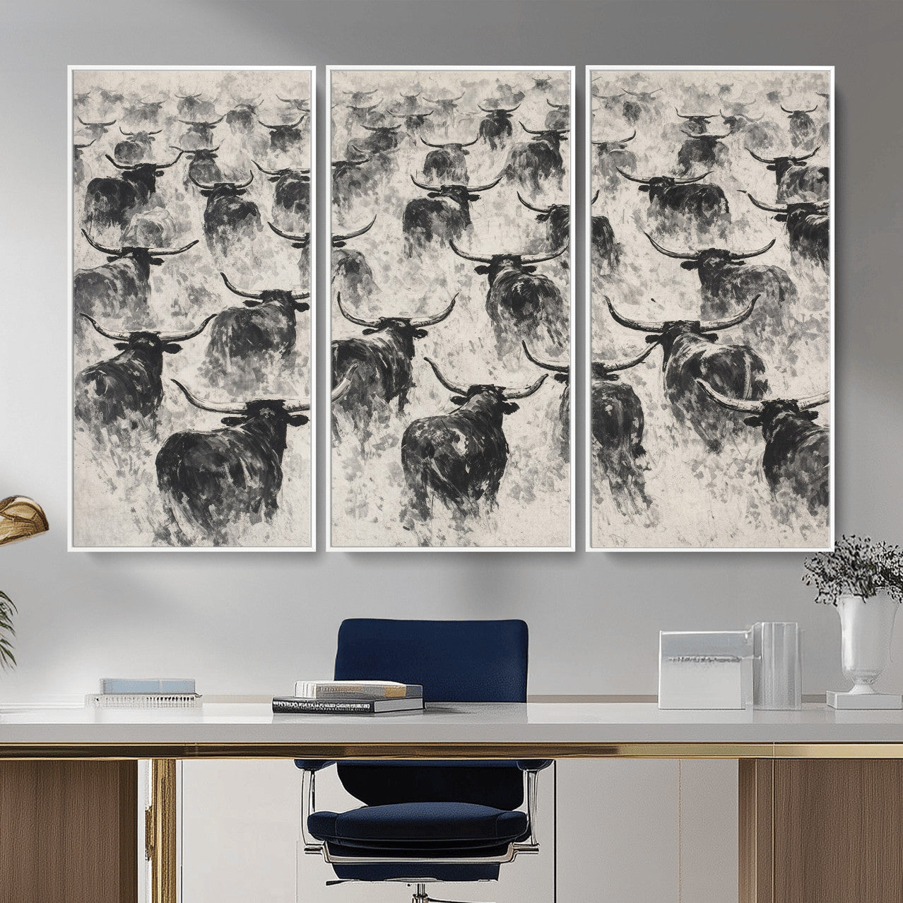 73328525-MGV-CV-36X24 - Texas Longhorn Drawing Canvas Wall Art, Western Cattle Stampede Painting Print, Warm Amber Ranch Decor, Rustic Cowboy Home Art, Large Living Room Decor