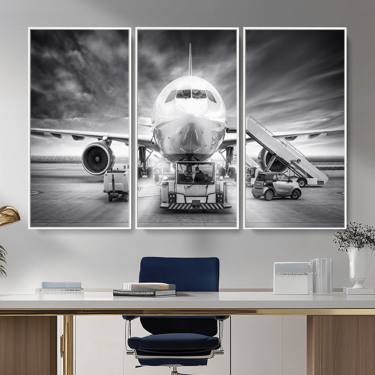 85885848-MGV-CV-36X24 - Airplane Wall Art Canvas Print, Black and White Jet Aircraft Airport Runway Framed Aviation Artwork for Pilot Office Hangar Travel Decor