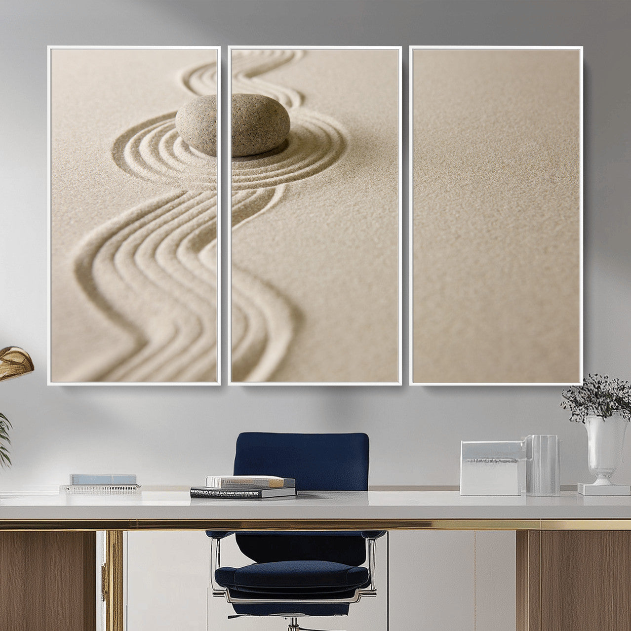 66852661-MGV-CV-36X24 - Zen Garden Stone Sand Canvas | Japanese Rock Garden Wall Art | Minimalist Meditation Print | Neutral Beige Mindfulness Decor