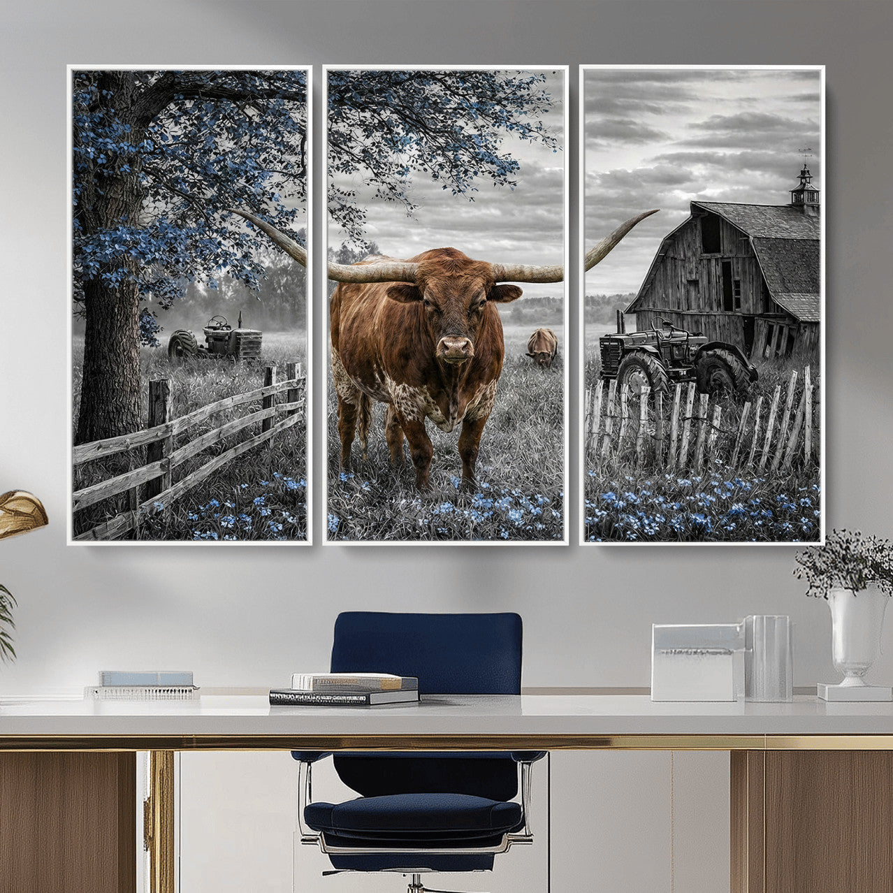 19366343-MGV-CV-36X24 - Texas Longhorn Canvas Wall Art, Rustic Farm Barn Bluebonnet Photography Print, Farmhouse Country Decor, Western Ranch Art, Old Truck Tractor Print