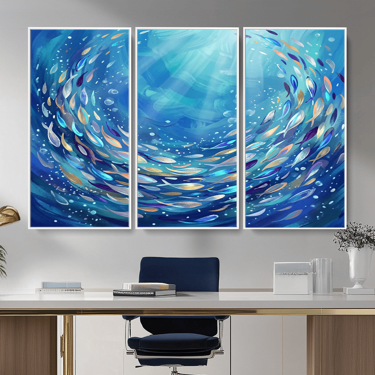 78699899-MGV-CV-36X24 - School of Fish Canvas Print | Blue Ocean Underwater Wall Art | Swirling Fish Shoal Illustration | Marine Navy Coastal Decor