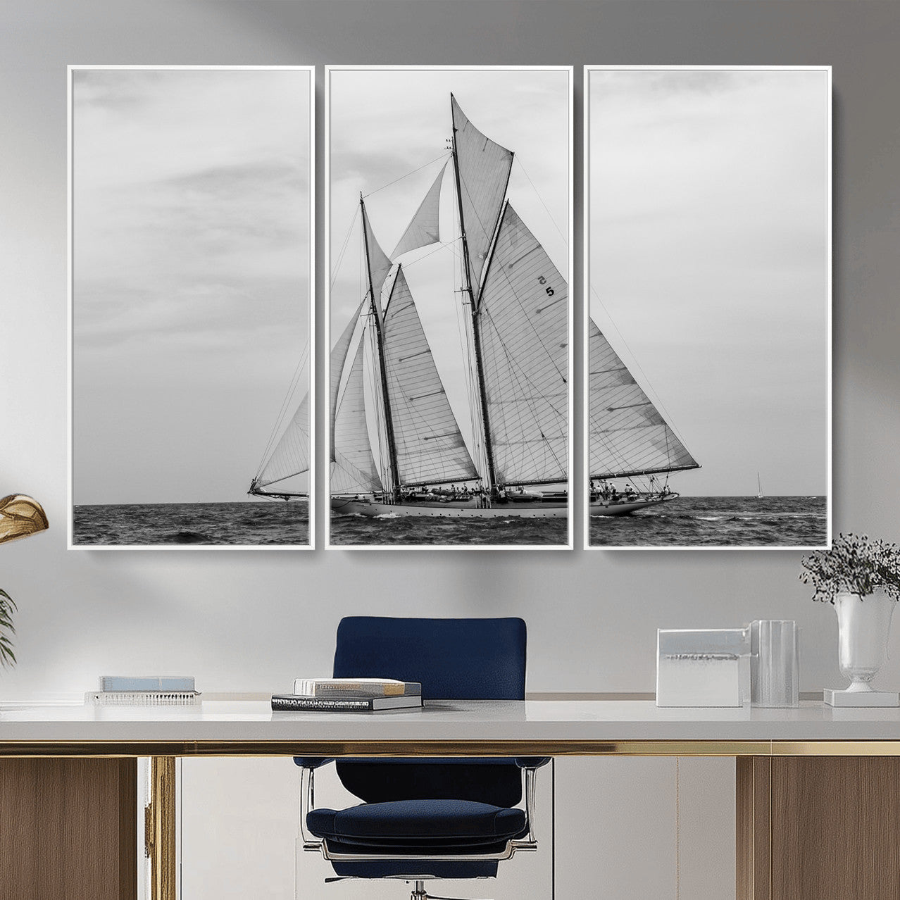 52882918-MGV-CV-36X24 - Vintage Sailboat Wall Art Canvas Print, Black and White Schooner Framed Artwork, Nautical Ocean Sailing Decor for Living Room Office Beach House