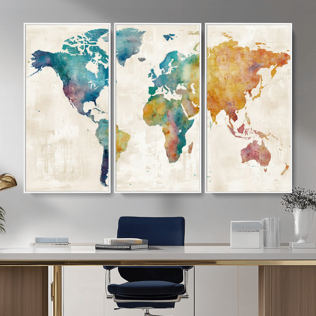 56556018-MGV-CV-36X24 - Watercolor World Map Canvas Wall Art Print – Abstract Colorful Travel Wall Decor