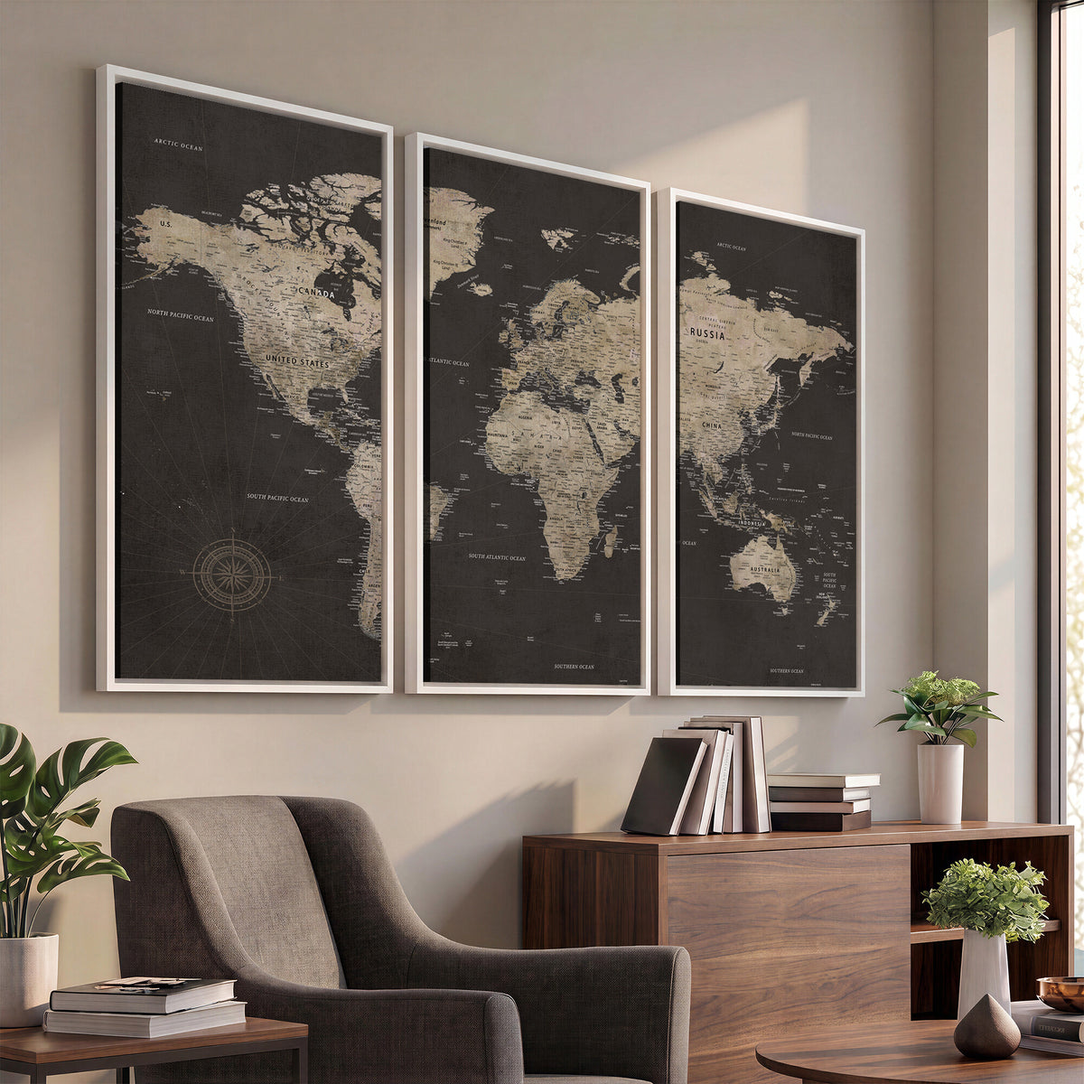 56556018136-MGV-CV-36X24 - World Map Canvas Wall Art, Dark Charcoal and Antique Tan Detailed Map