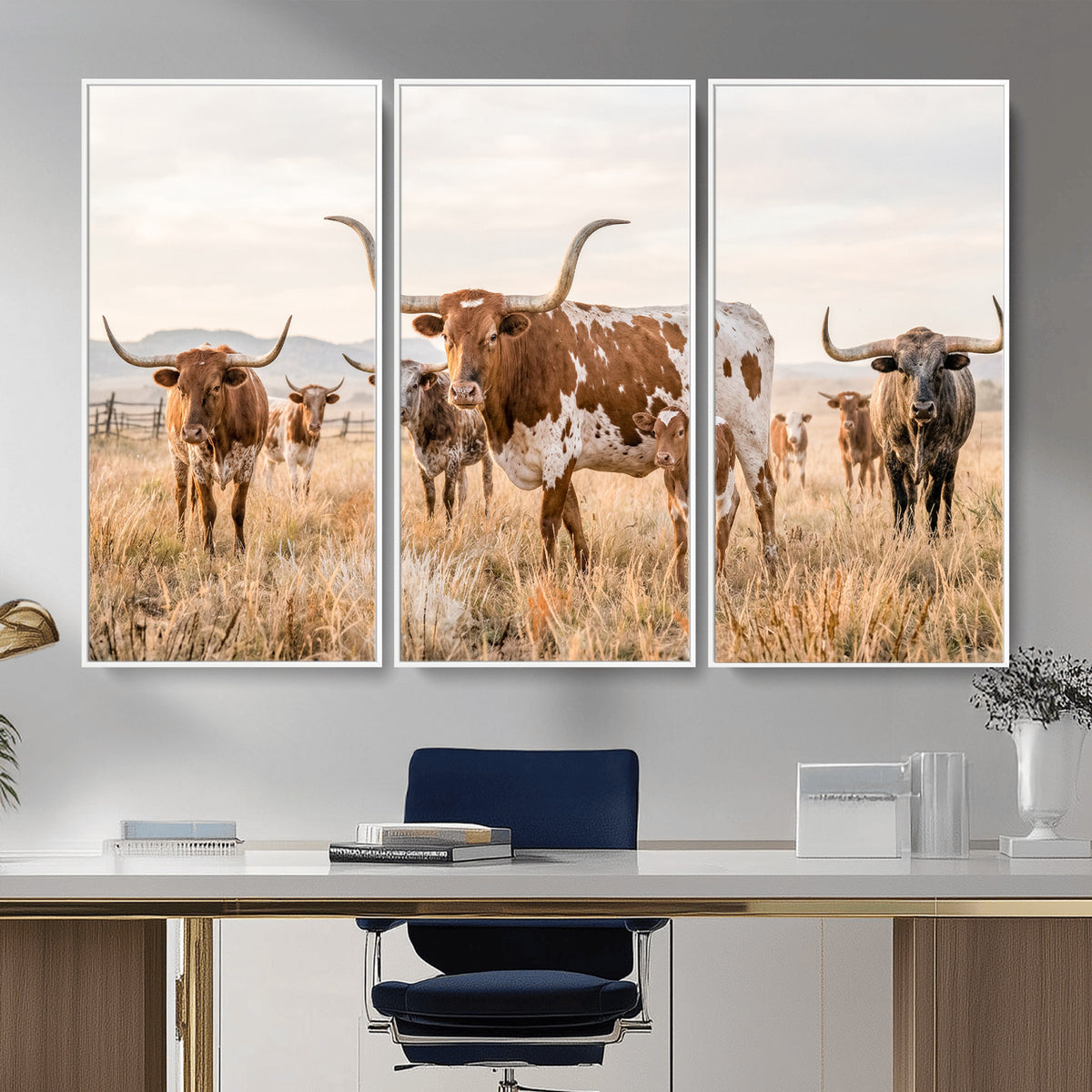 62336425AC-MGV-CV-36X24 - Texas Longhorn Canvas Wall Art, Rustic Farm Animal Photography Print, Farmhouse Country Decor, Western Ranch Art