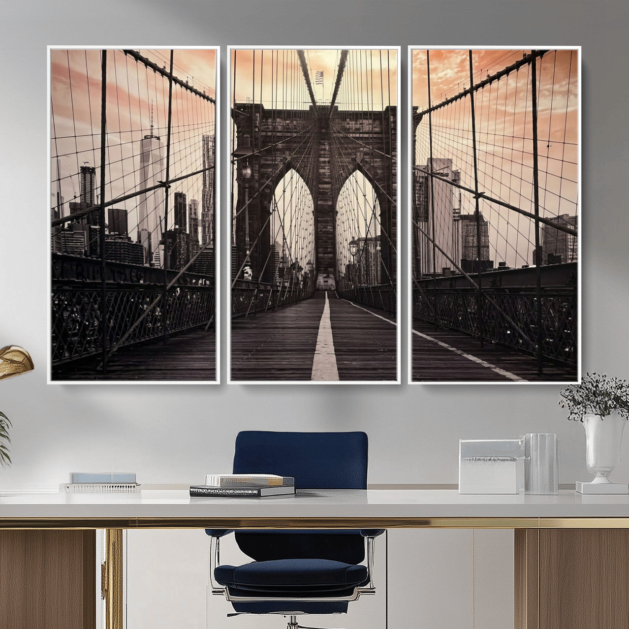 93226664-MGV-CV-36X24 - Brooklyn Bridge Canvas Wall Art, New York City Skyline Photography Print, NYC Landmark Urban Decor Artwork