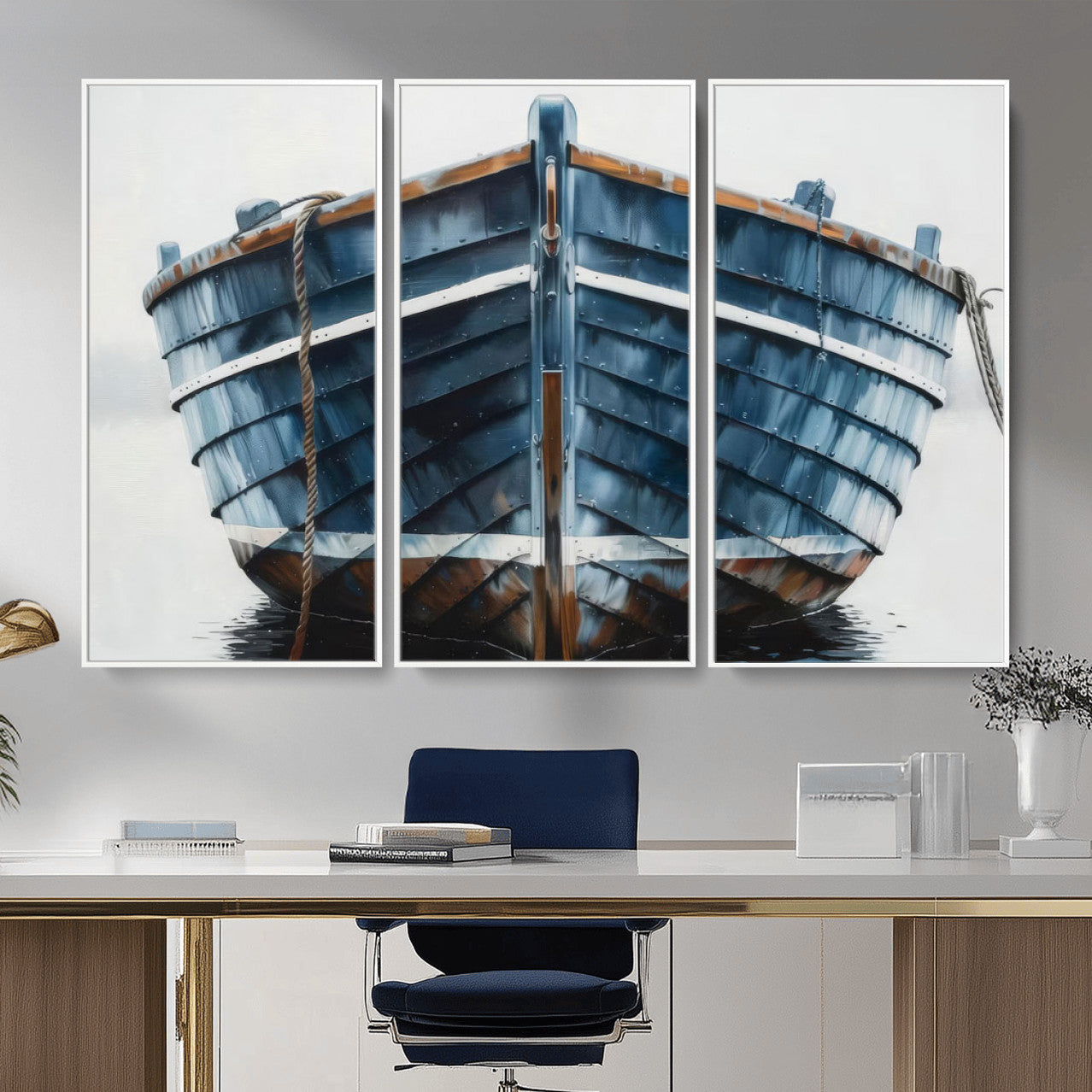 21601740-MGV-CV-36X24 - Blue Wooden Rowboat Canvas Wall Art, Coastal Nautical Boat Painting Print for Lake Beach House Decor, Minimalist Maritime Decor Artwork