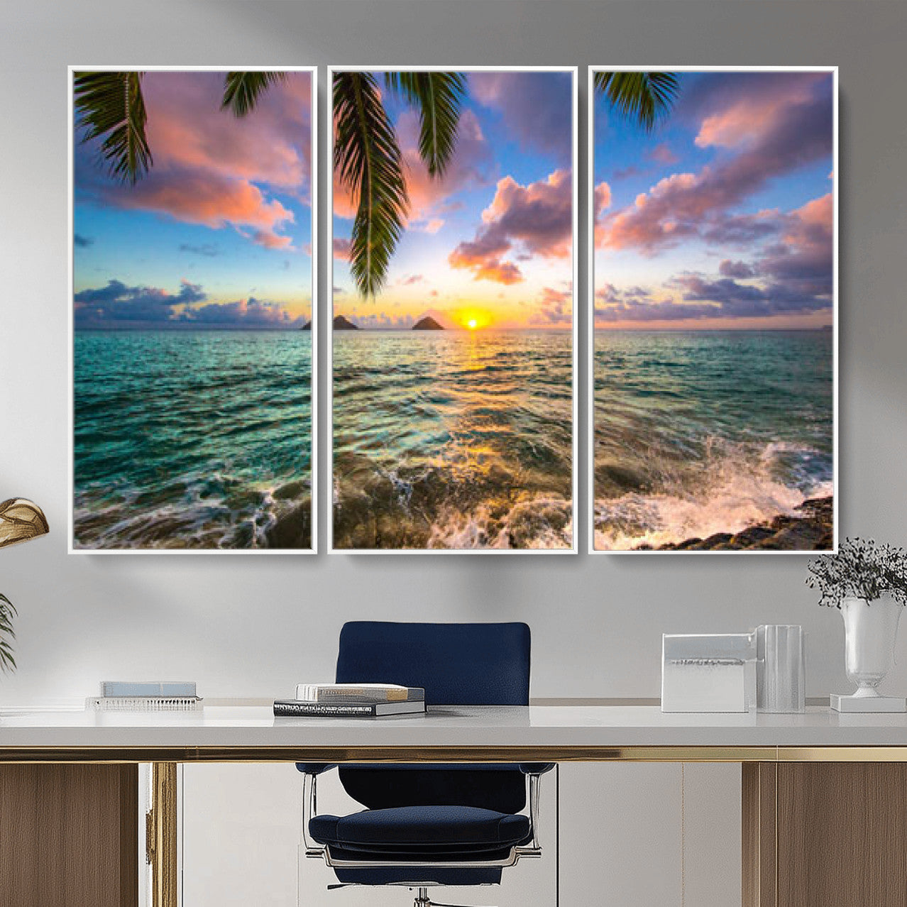 13207742-MGV-CV-36X24 - Hawaii Beach Sunset Canvas Wall Art Print, Tropical Ocean Landscape Artwork, Palm Tree Coastal Decor for Living Room Bedroom
