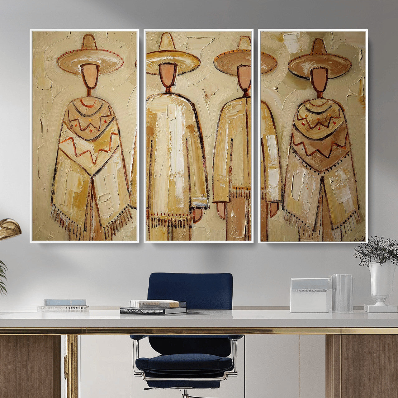 46071653-MGV-CV-36X24 - Mexican Folk Art Canvas Wall Art, Charro Poncho Sombrero Painting Print, Neutral Beige Boho Decor, Southwestern Impasto Style, Living Room Art