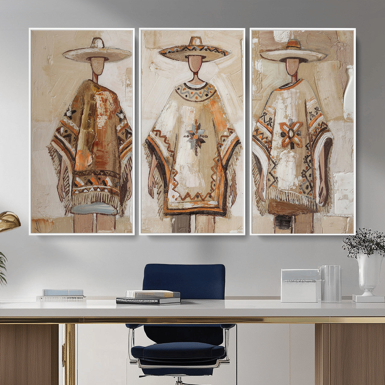 85373290-MGV-CV-36X24 - Mexican Folk Art Canvas Wall Art, Charro Poncho Sombrero Painting Print, Neutral Beige Boho Decor, Southwestern Impasto Style, Living Room Art