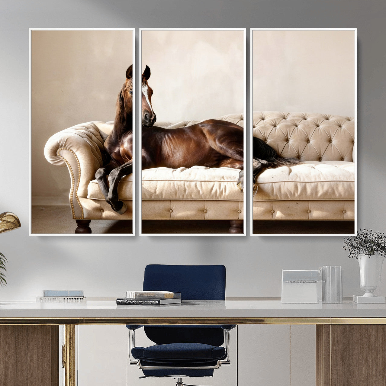 17716841-MGV-CV-36X24 - Funny Horse on Sofa Canvas Wall Art, Quirky Horse Lounging Photo Print, Whimsical Animal Decor, Living Room Conversation Art, Horse Lover Gift