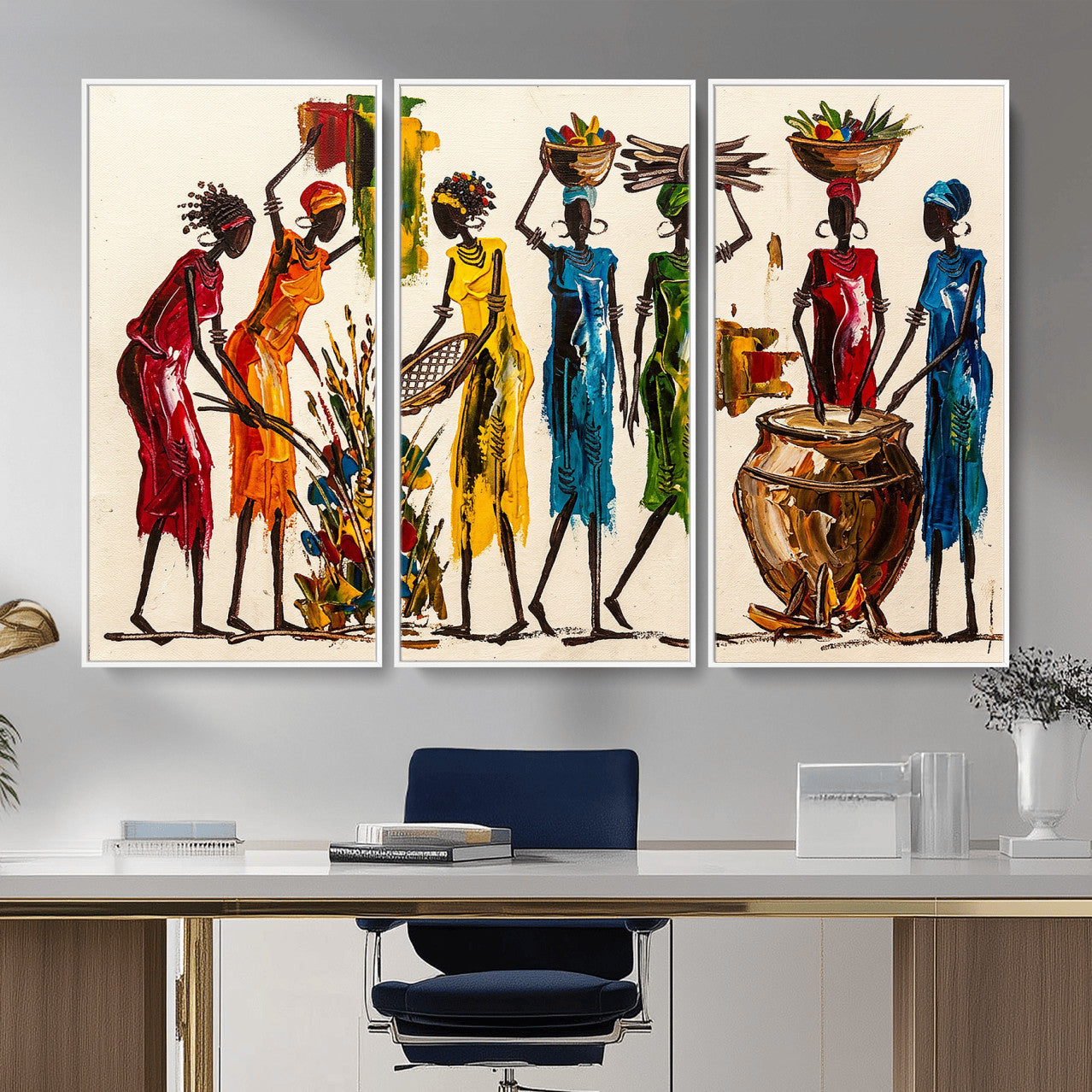 83463154-MGV-CV-36X24 - African Folk Art Canvas Wall Art, Colorful African Women Village Painting Print, Tribal Ethnic Home Decor, Vibrant African Art, Living Room